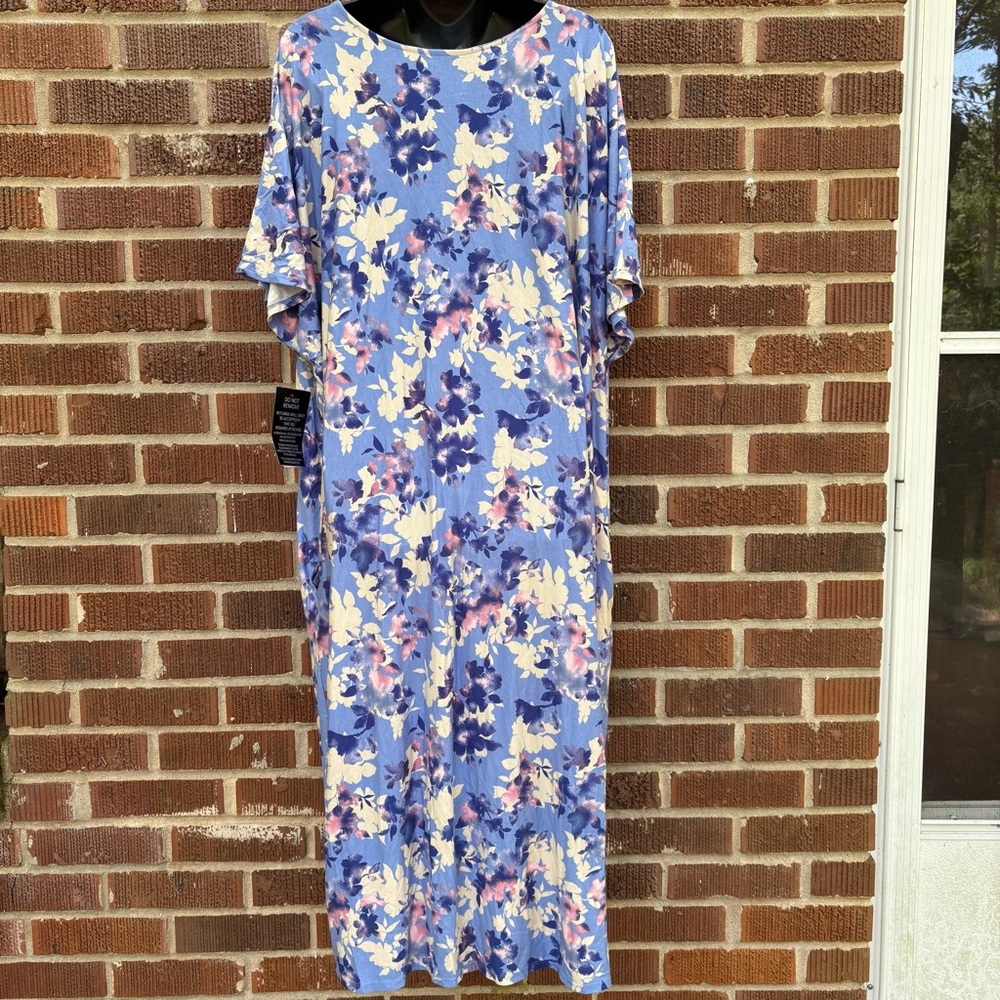 Serenada Sz L Colorful Flower Print V-neck Muumuu House Dress Side Pockets NWT - Picture 4 of 10